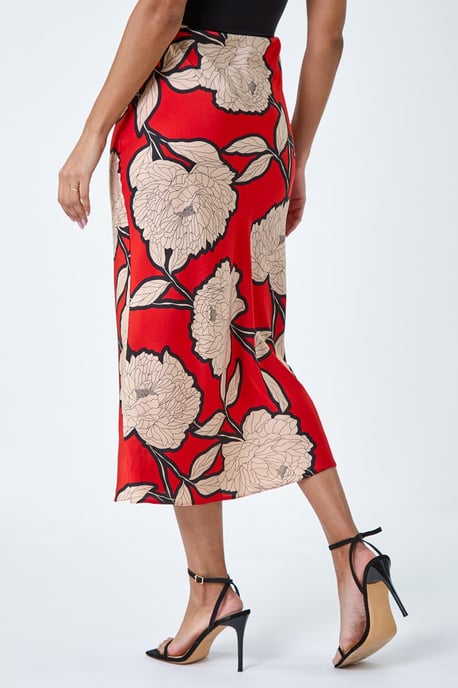 Floral Satin Bias Cut Midi Elastic Waist Skirt