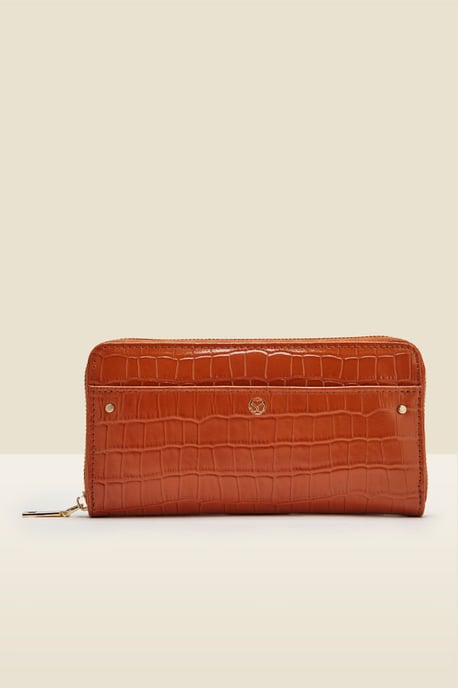 Tan Croc Leather Purse With Coin Pouch