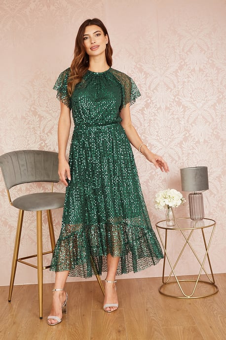 Green Sequin Angel Sleeve Midi Dress