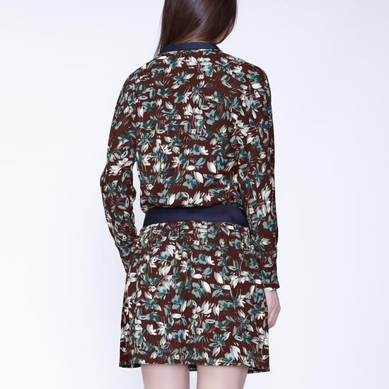 Satin collar short dress and leaves print - Image 2
