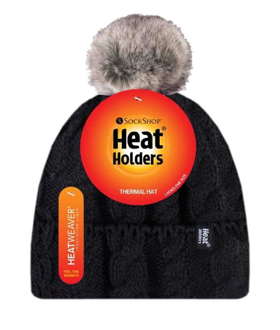 Heat Holders - Ladies Knit Fleece Lined Thermal Bobble Hat with Pom Pom