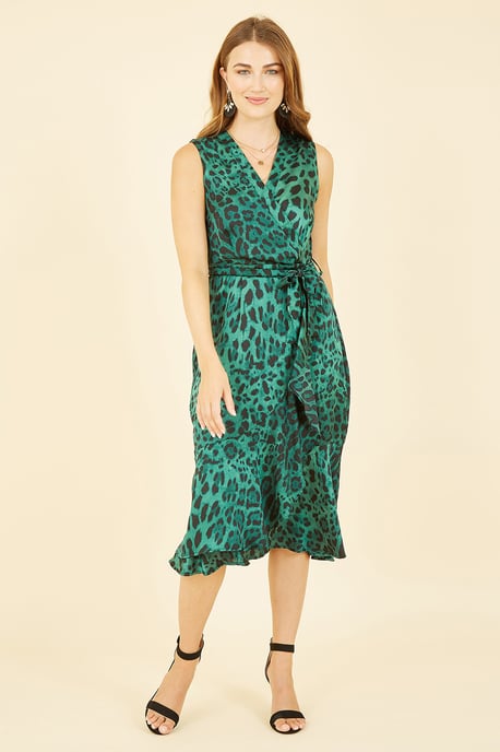 Mela Green Animal Print Satin Wrap Midi Dress