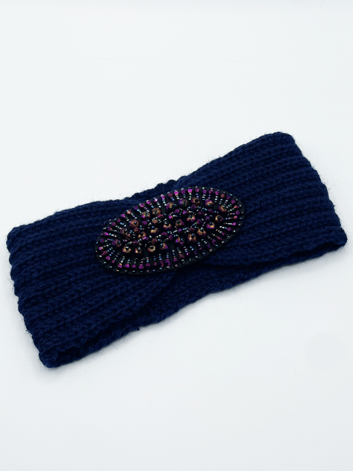 Navy Knitted Headband With Purple Jewel Detail