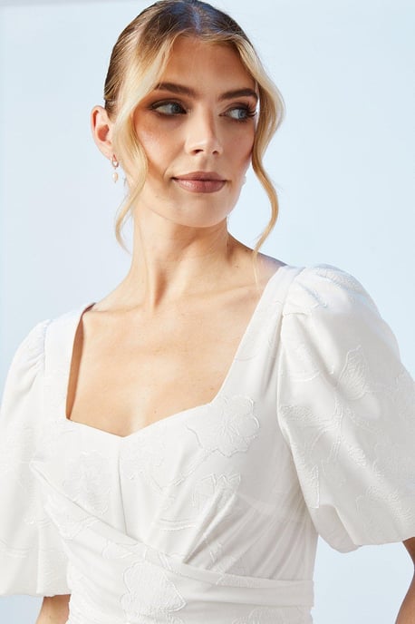 Puff Sleeve Satin Jacquard Wrap Waist Wedding Dress - Image 4