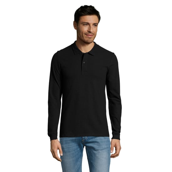 SOLS Mens Perfect Plain Pique Long-Sleeved Polo Shirt (Black) - Image 1