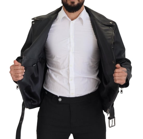 Chaqueta de Hombre de Cuero Negro Biker con Cremallera de Dolce & Gabbana - Image 6
