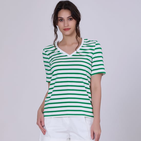 V neck stripes cotton T-shirt - Image 3