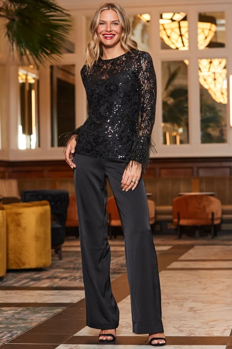 Black Lace & Embellished Feather Trim Top - Image 5