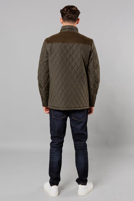 Khaki Diamond Quilted Jacket With Corduroy Detail