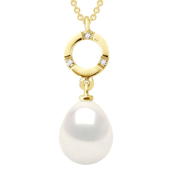 Necklace Jewelry Diamond 0.01Cts Yellow Gold and Real Cultured Freshwater Pearl Pear 9-10 mm
