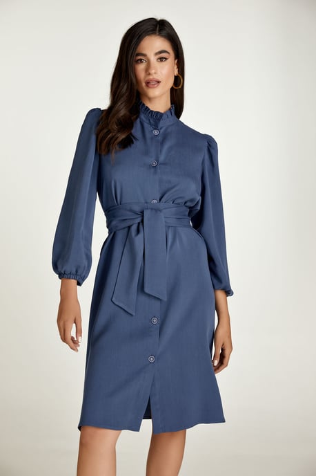 Belted Long Sleeve Indigo Dress in Tencel