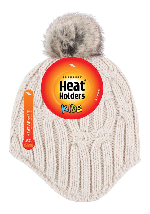 Heat Holders - Girls Cable Knitted Beanie Hat with Pom Pom Bobble for Winter | Gorro aislante térmico cálido - Buttercream - Image 2