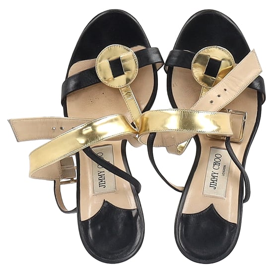 Jimmy Choo T-Strap Heel Sandals in Black and Gold Leather - Image 3