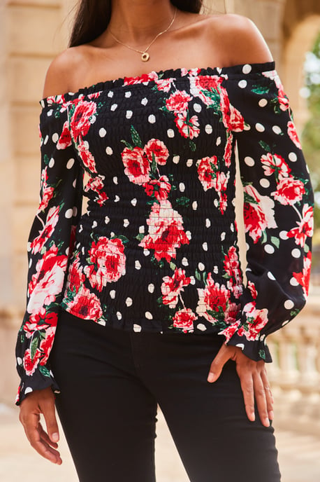 Black & Pink Floral Print Shirred Body Bardot Top