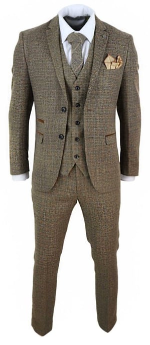 Traje retro vintage de tweed marrón a cuadros para hombre de 3 piezas - Image 4