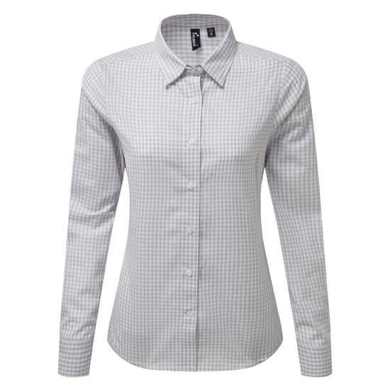 Premier Womens/Ladies Maxton Check Long Sleeve Shirt (Silver/White) - Image 1