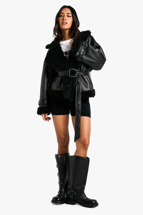 Luxe Teddy Trim Belted Aviator Jacket