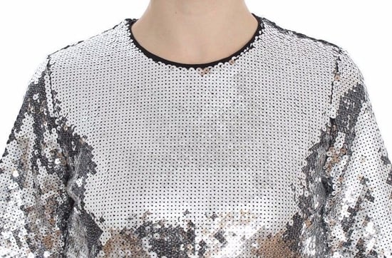 Blusa T-shirt de Cuello Redondo de Lentejuelas Plateadas para Mujer de Dolce & Gabbana - Image 4