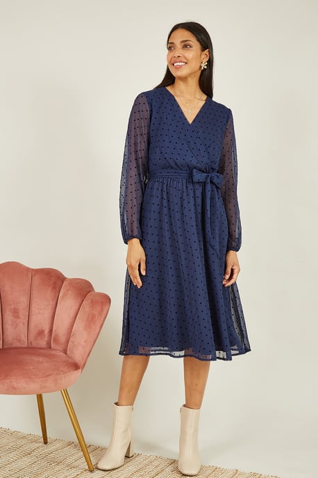 Navy Dobby Spot Long Sleeve Wrap Over Midi Dress