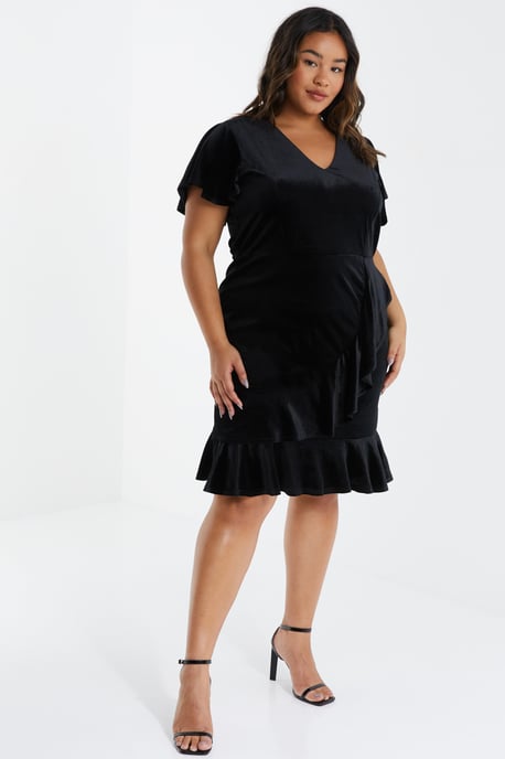 Curve Black Velvet Frill Dress