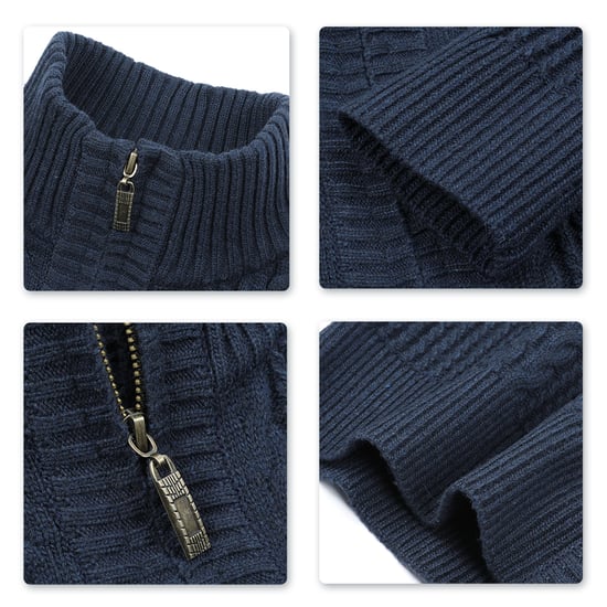 Men's Cardigan with Zip Cardigan Chunky Knit with Stand-Up Collar Blue