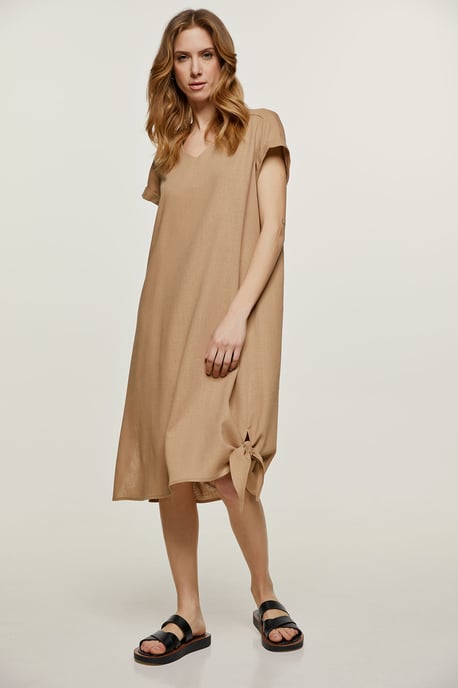 Vestido midi beige con detalle de lazo - Image 4