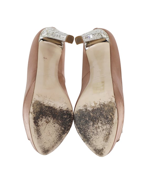 Miu Miu Crystal Embellished Peep Toe Platform Pumps in Nude Satin - Image 5