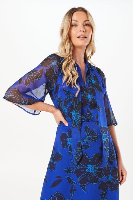 Tall Blue Floral Tie Neck Midi Dress - Image 2