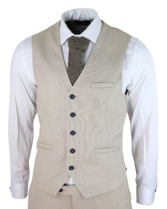 Traje clásico de verano y primavera de lino color crema de 3 piezas para hombre - Image 4
