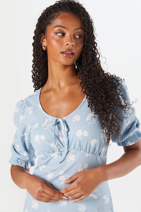 Tall Blue Spaced Floral Tie Front Midi Dress