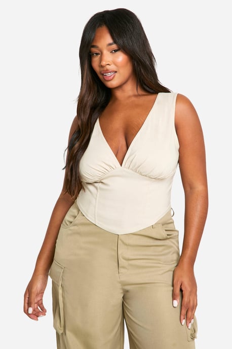 Plus Woven Stretch Plunge Corset Top