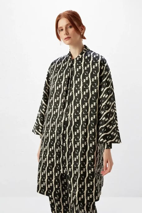 Monogram Print Satin Coat in Black/White - Image 1