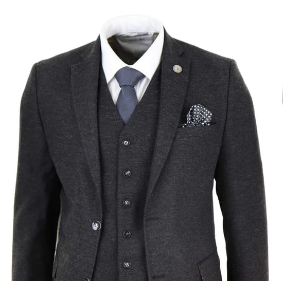Traje retro vintage de tweed de lana negro de 3 piezas para hombre - Image 3