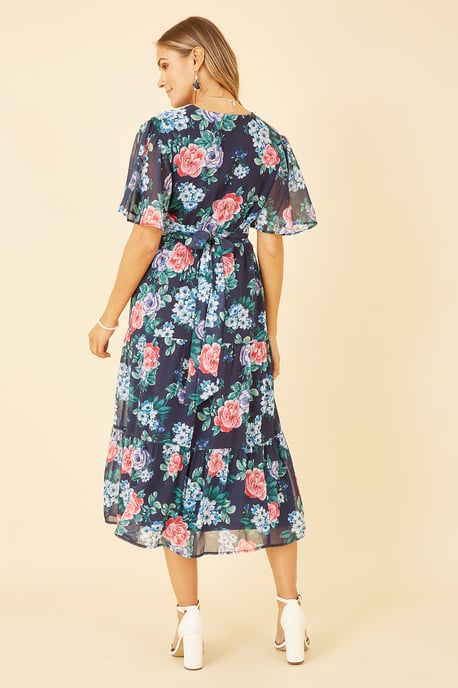 Navy Floral Wrap Midi Dress With Tiered Hem