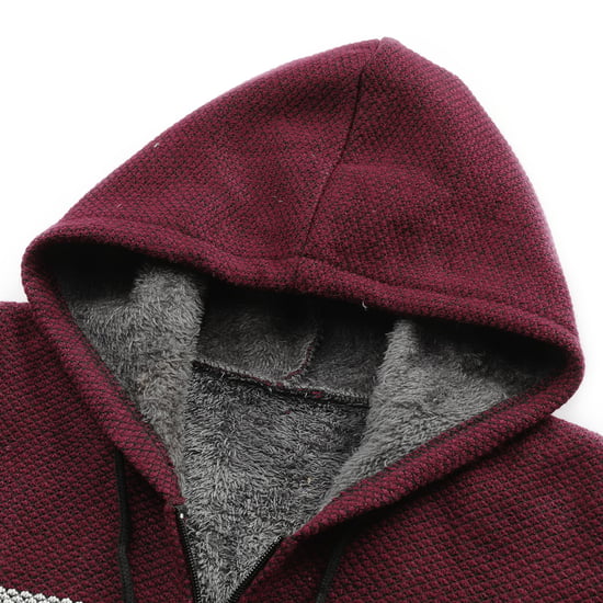 Men's Winter Transition Cardigan with Hood Lined Chunky Knit Hooded Warm Jacket Burgundy - Image 4