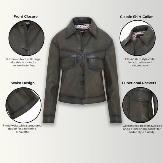 Womens Olive Green Retro Biker Leather Jacket - Kopervik