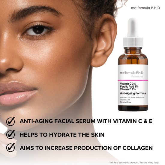 MD Formula P.H.D Serum Antienvejecimiento 30ml Vitamina C 3%, Ácido Ferúlico 1%, Vitamina E 1%. - Image 4