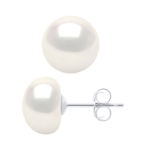 Earrings White Gold - Real Cultured Freshwater Pearls Button 9-10 mm - Image 1