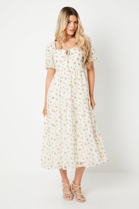 Yellow Floral Tie Front Chiffon Tiered Midi Dress