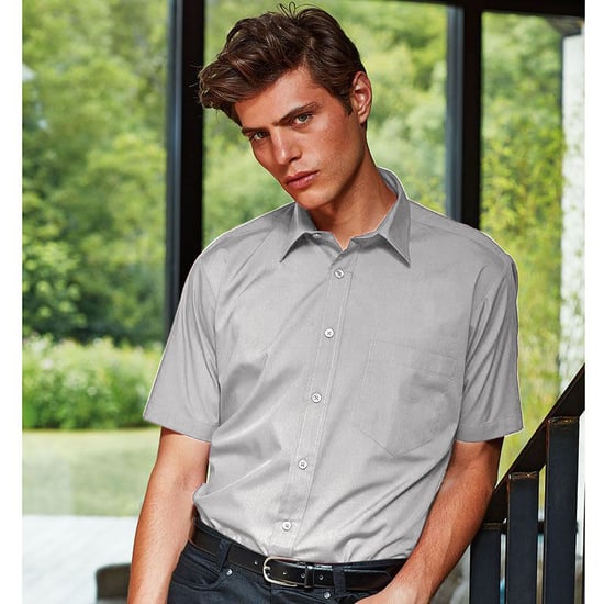 Premier Mens Short Sleeve Formal Poplin Plain Work Shirt (Silver) - Image 2