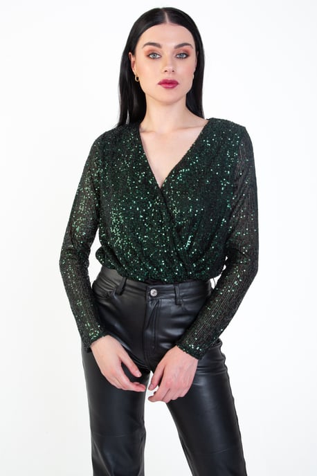 Sequin Wrap Long Sleeves Bodysuit - Image 1