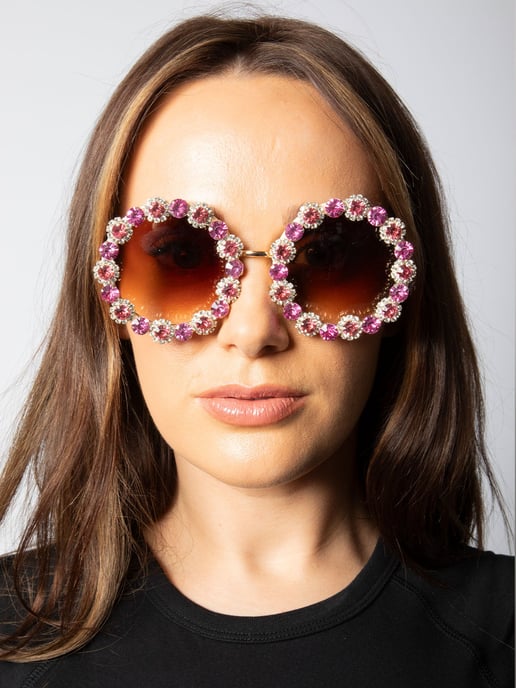 Round Floral Crystal Gem Sunglasses in Pink