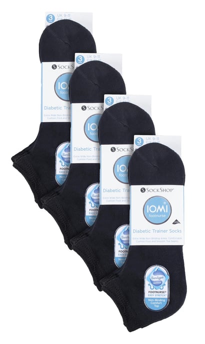 12 Pares Multipack Calcetines Diabéticos de Entrenamiento para Pies y Tobillos Hinchados | IOMI | Calcetines de algodón acolchados extra anchos de corte bajo para hombres y mujeres - Negro - Image 2