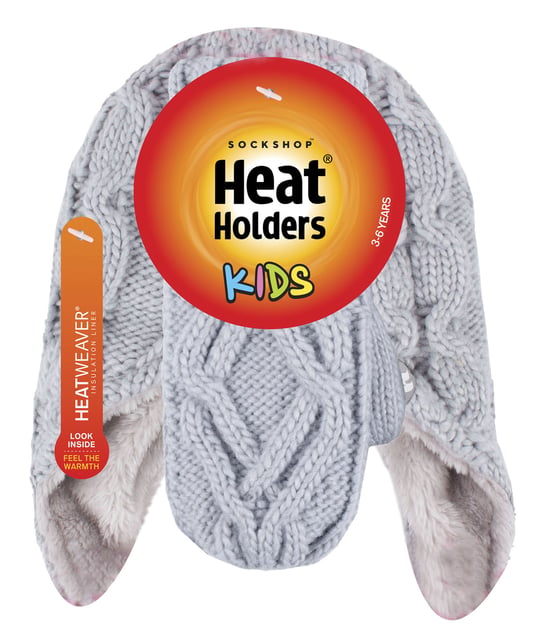 Heat Holders - Girls Majestic Soft Cosy Cable Knitted Design Bobble Trapper Hat and Mittens Gloves Set - Frost Grey - Image 2