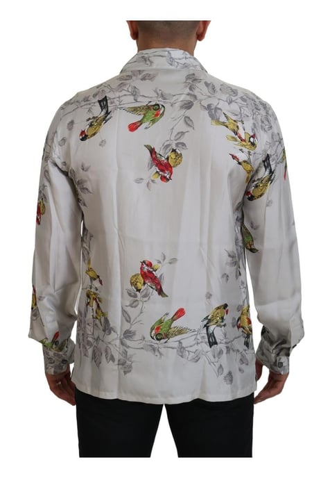 Camisa Casual de Seda Satinada con Estampado de Pájaro Blanco para Hombre de Dolce & Gabbana - Image 3