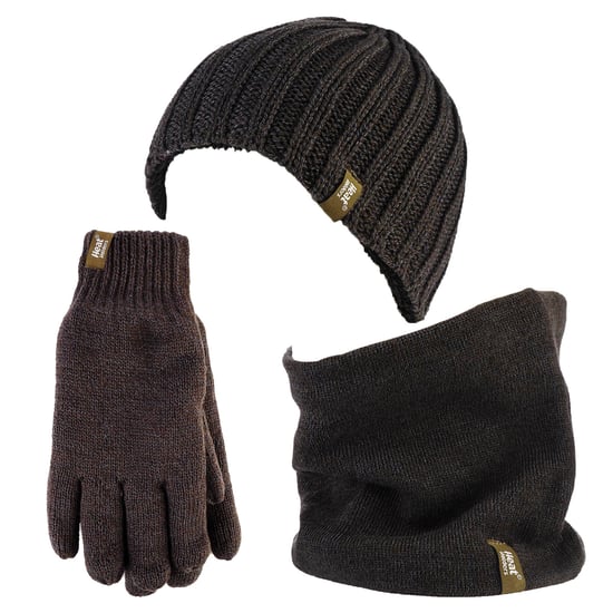 Calentadores - Forro polar térmico de invierno Gorro de punto por cable, calentador de cuello y juego de guantes para hombres - Verde caqui - Image 1