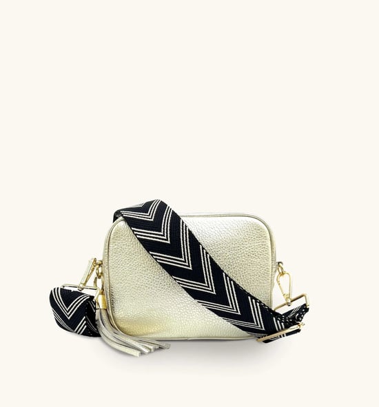 Gold Leather Crossbody Bag With Black & Stone Arrow Strap