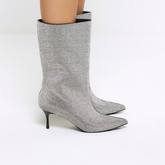 River Island Womens Calf Boots Silver Diamante Heeled