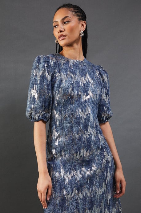 Premium Sequin Denim Fitted Puff Sleeve Midi Dress - Image 5