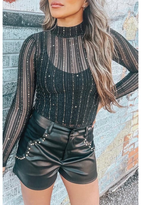 Bodysuit de Manga Larga con Cuello Mock de Malla para Mujer en Negro - Image 4
